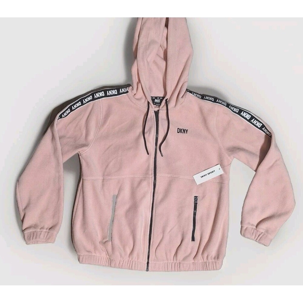 DKNY Sport Womens Pink Full Zip Fleece Hoodie Stripe Logo Sweatshirt Medium NWT
